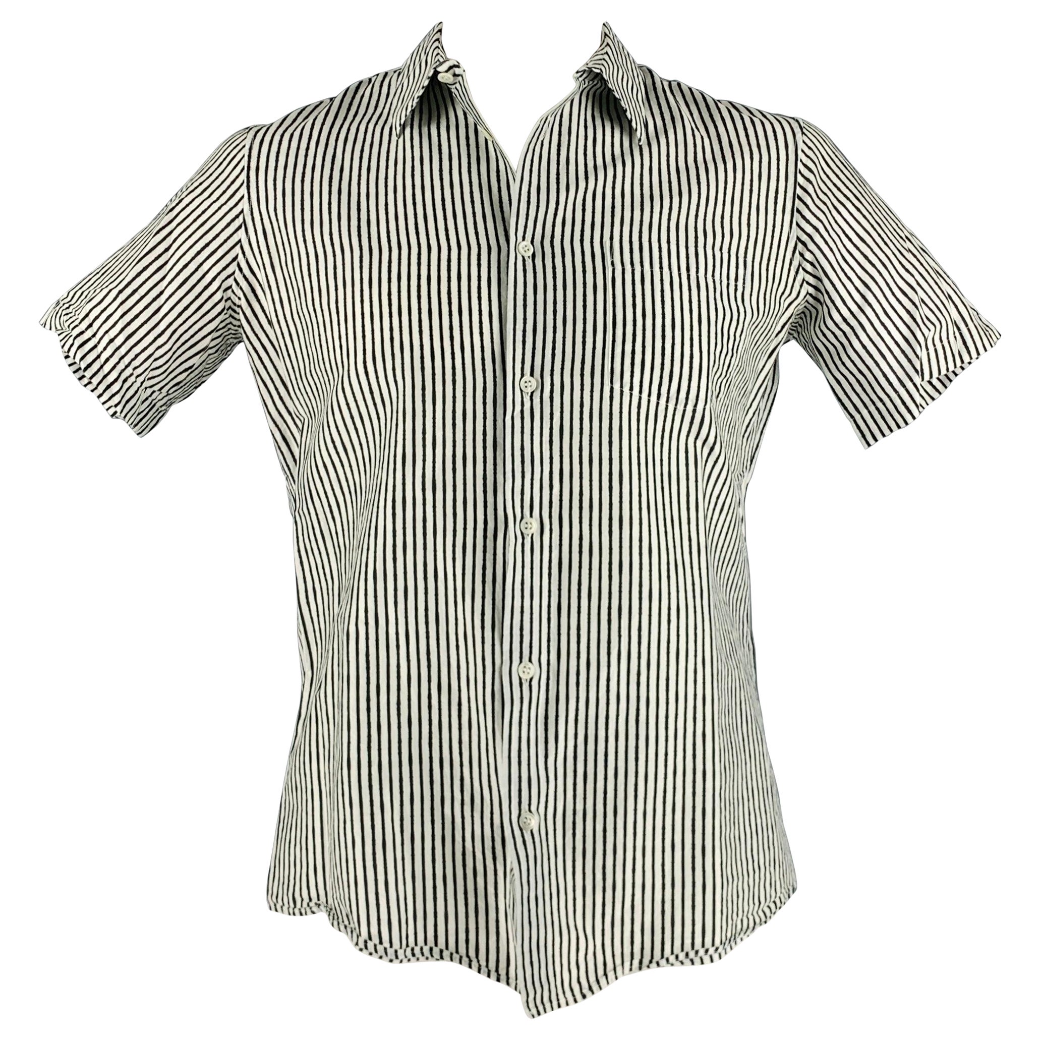 ALEXANDER MCQUEEN Size L Black White Stripe Cotton Silk Short Sleeve Shirt For Sale
