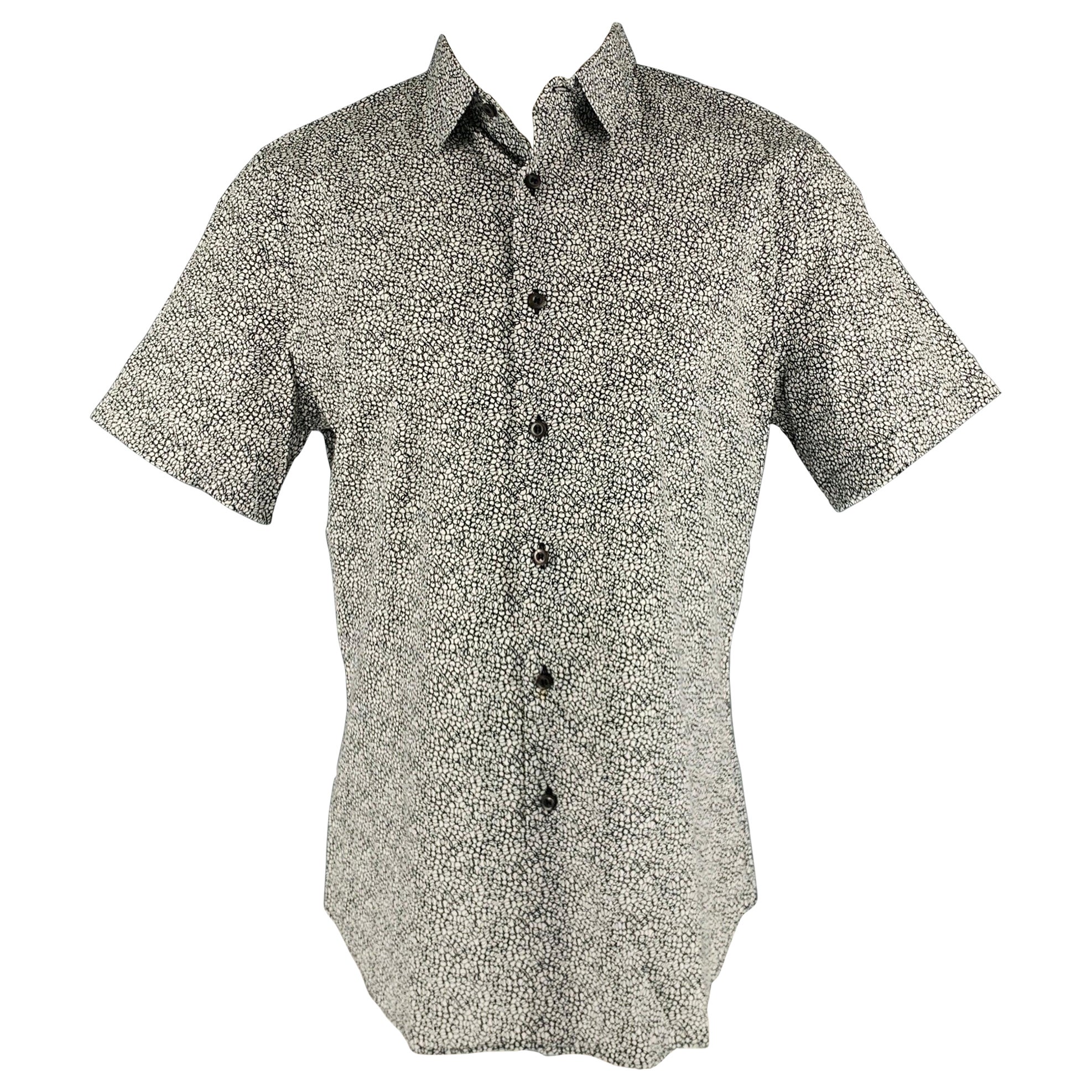 PRADA Size M Black White Print Cotton Button Up Short Sleeve Shirt For Sale