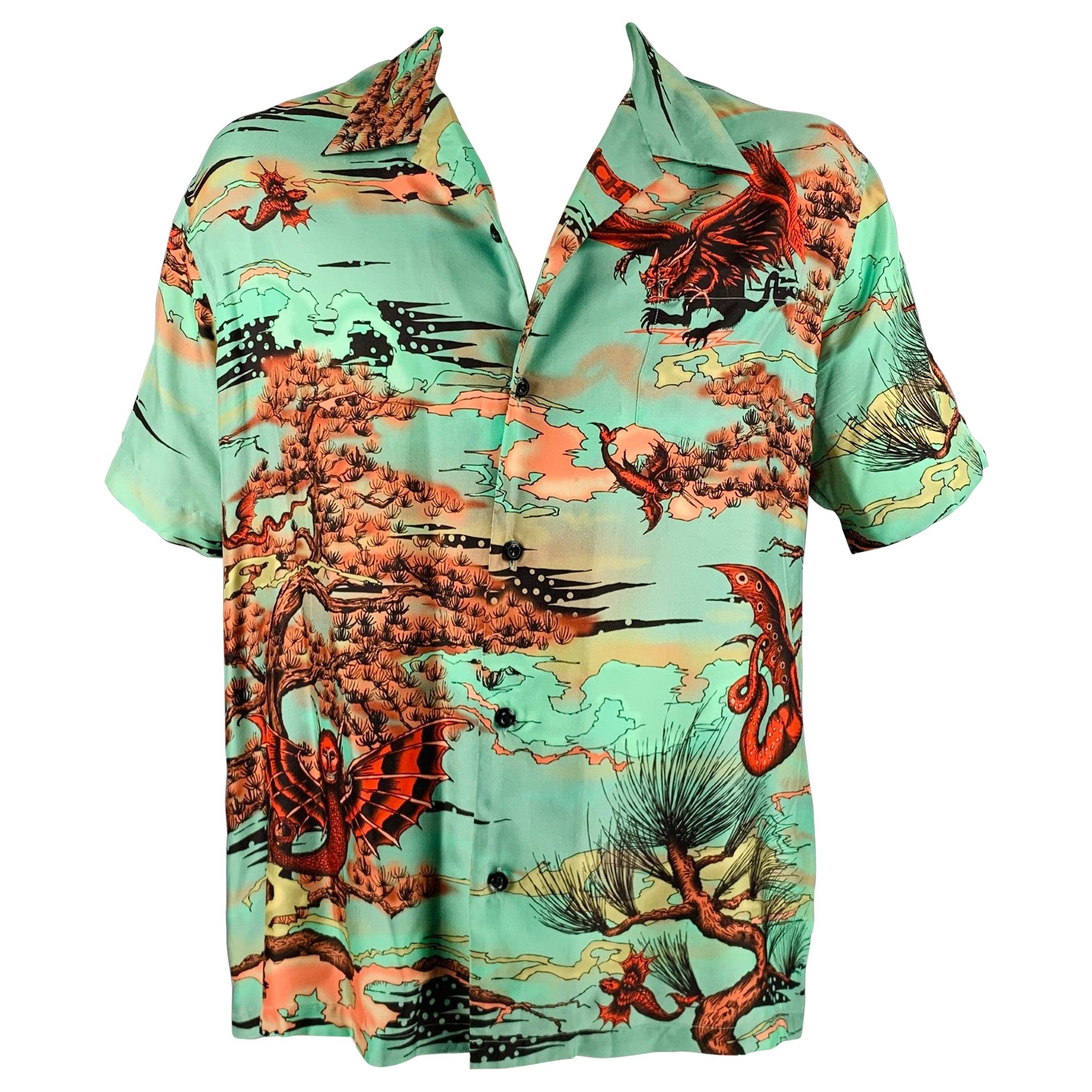 GIVENCHY Size L Green Red Orange Print Silk Camp Short Sleeve Shirt For Sale