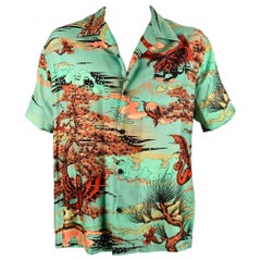 GIVENCHY Size L Green Red Orange Print Silk Camp Short Sleeve Shirt