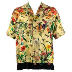 GUCCI Size XXL Beige Multi-Color Print Silk Camp Short Sleeve Shirt