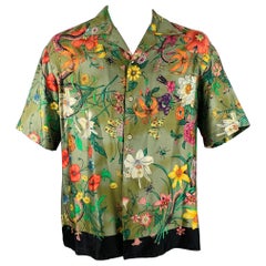 GUCCI Size XXL Green Multi-Color Print Silk Camp Short Sleeve Shirt
