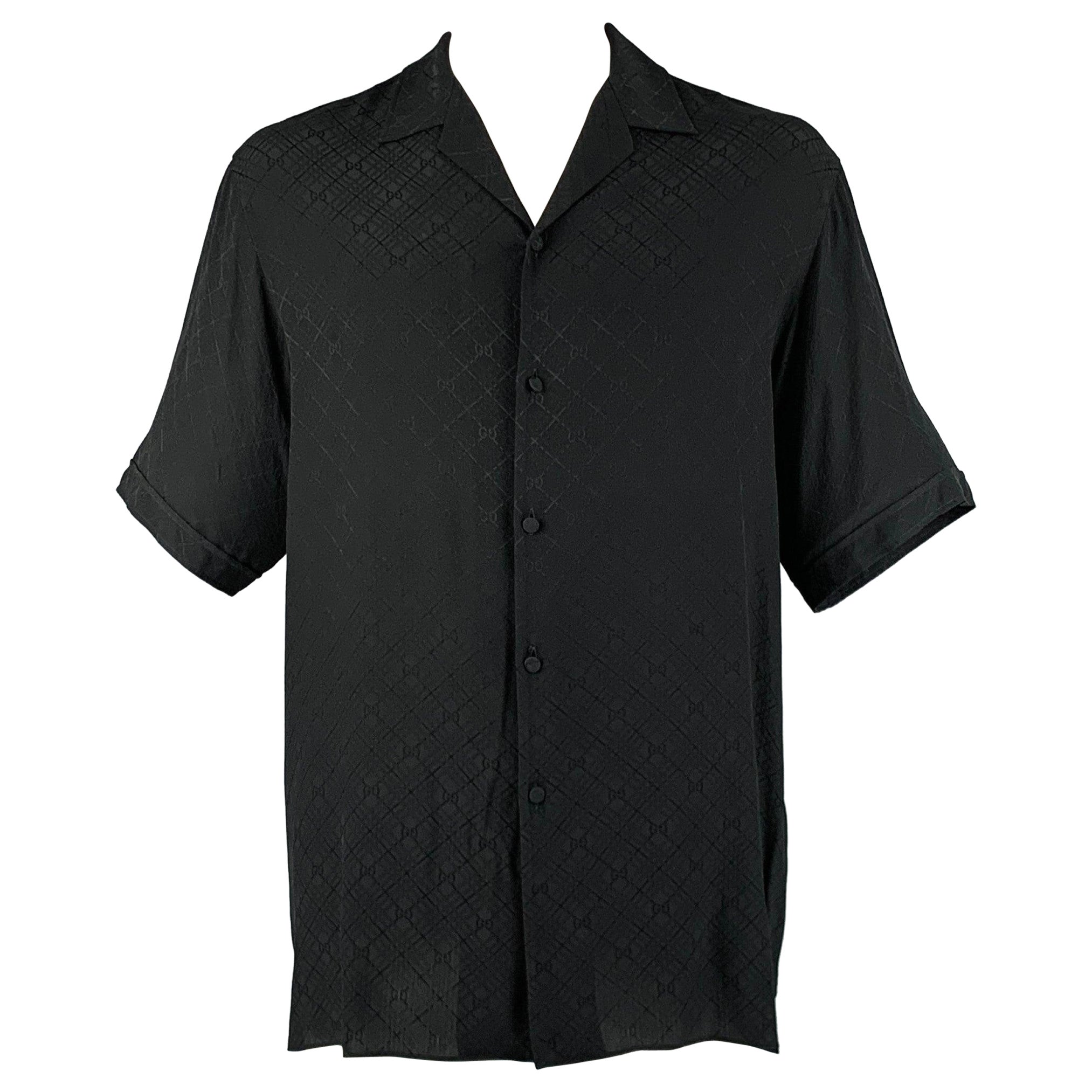 GUCCI Size L Black Monogram Silk Camp Short Sleeve Shirt For Sale