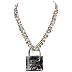 Chanel Large Padlock Necklace - 2014 - Pearl Silver Chain Black White CC Lock