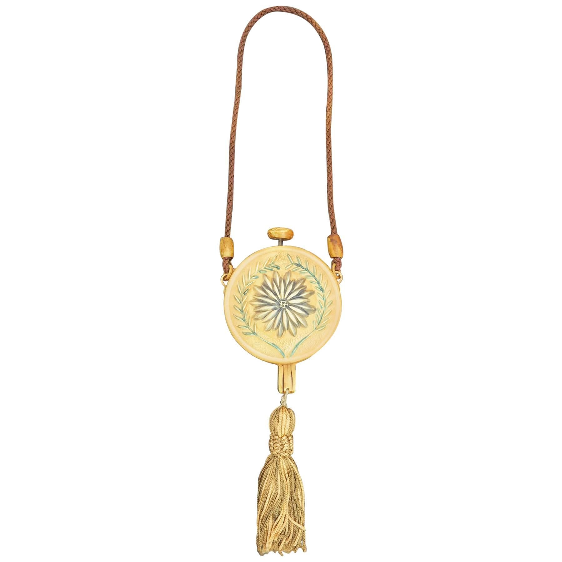 1920s floral celluloid tasseled dance purse nécessaire