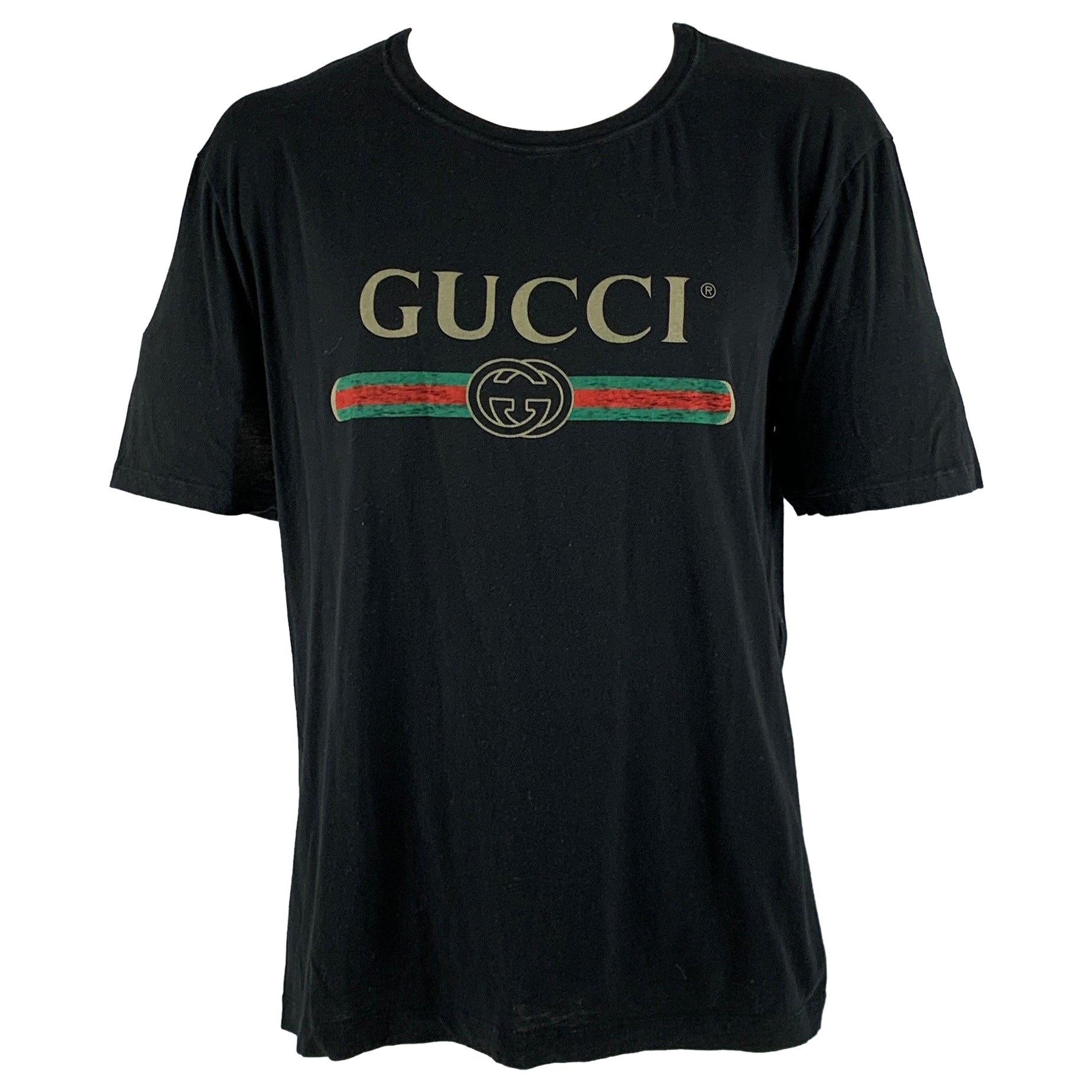GUCCI Size XXL Black Logo Cotton Crew-Neck T-shirt For Sale