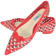 Prada lattice woven coral red and white leather pointy toe flats unworn 39 M
