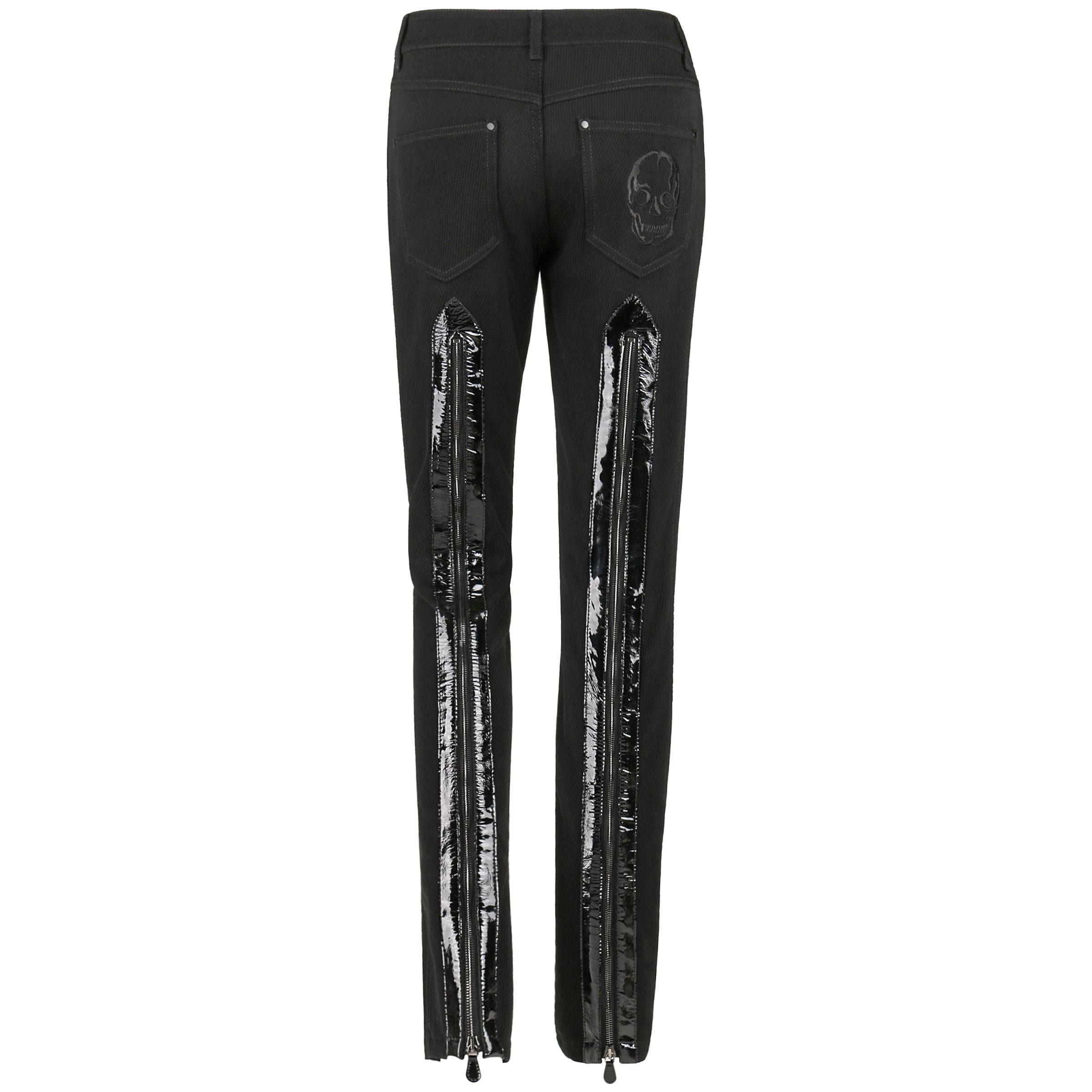 ALEXANDER MCQUEEN c.2007 Black Patent Leather Zipper Skull Pocket Wool Pants For Sale