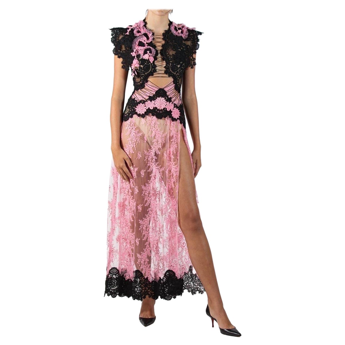 Morphew Atelier Pink & Black Vintage Lace Gown For Sale