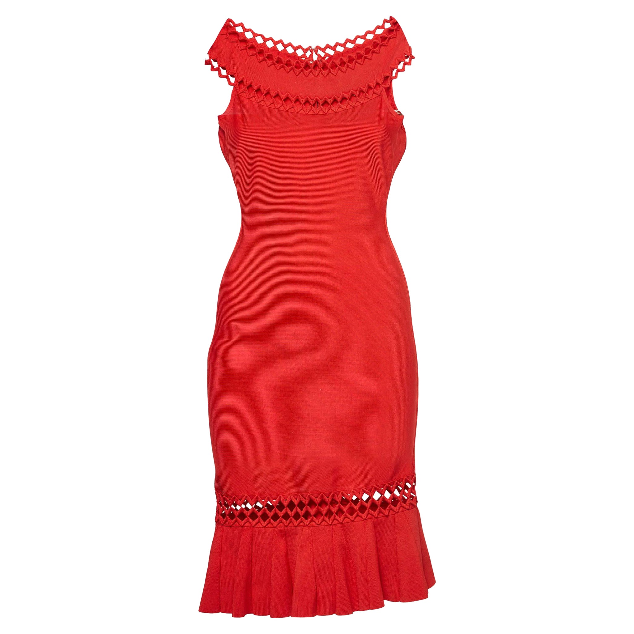 Herve Leger Red Knit Cut-Out Detail Boat Neck Darja Dress S For Sale