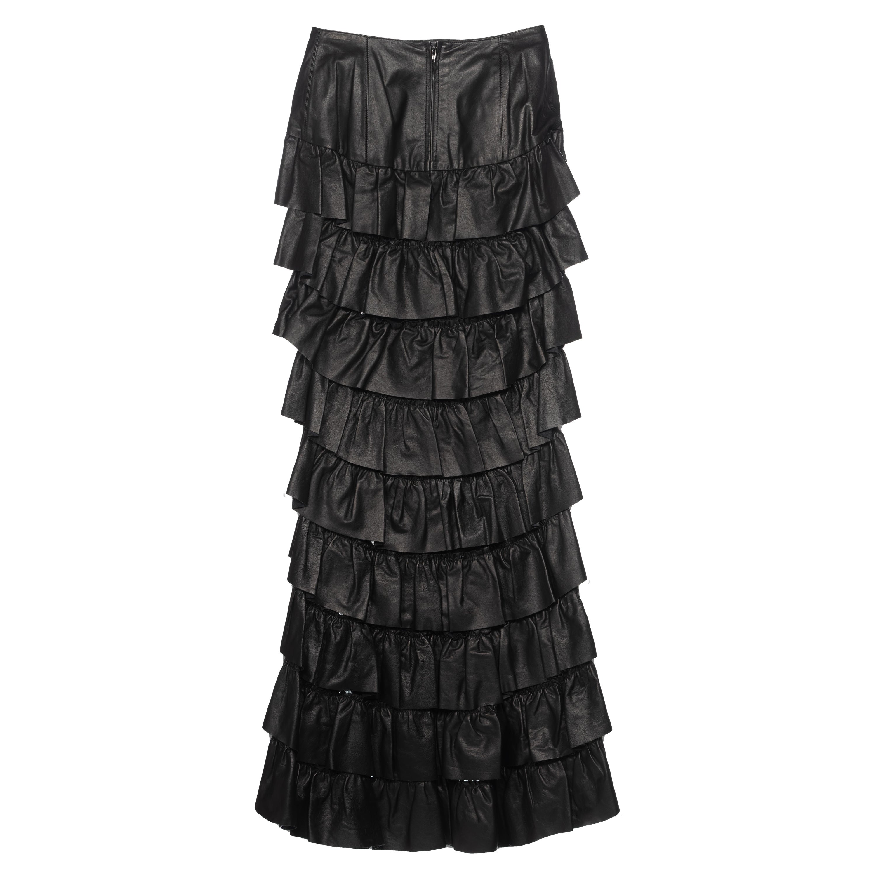Chanel by Karl Lagerfeld Black Leather Tiered Ruffled Maxi Skirt, FW 2001 For Sale