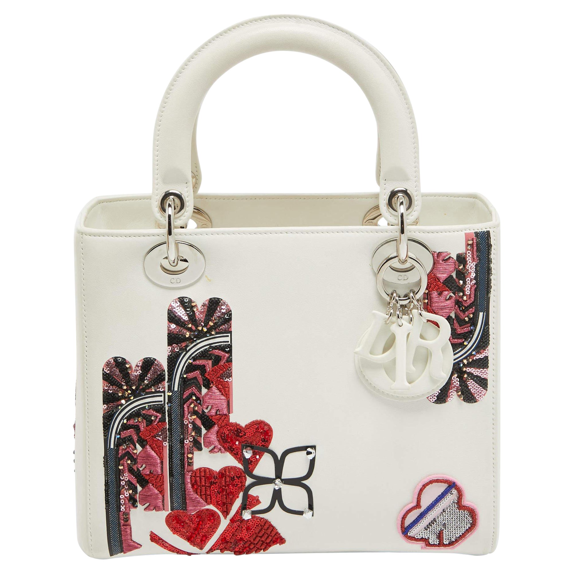 Dior White Leather Medium Sequin and Embroidered Lady Dior Tote For Sale