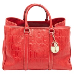 Carolina Herrera Red Monogram Embossed Leather Large Matteo Tote