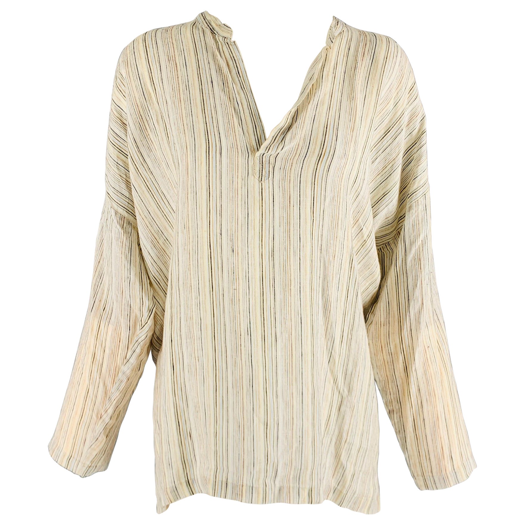 Eskandar Taglia 0 Bianco Blu Lino a righe Top casual con abbottonatura lunga