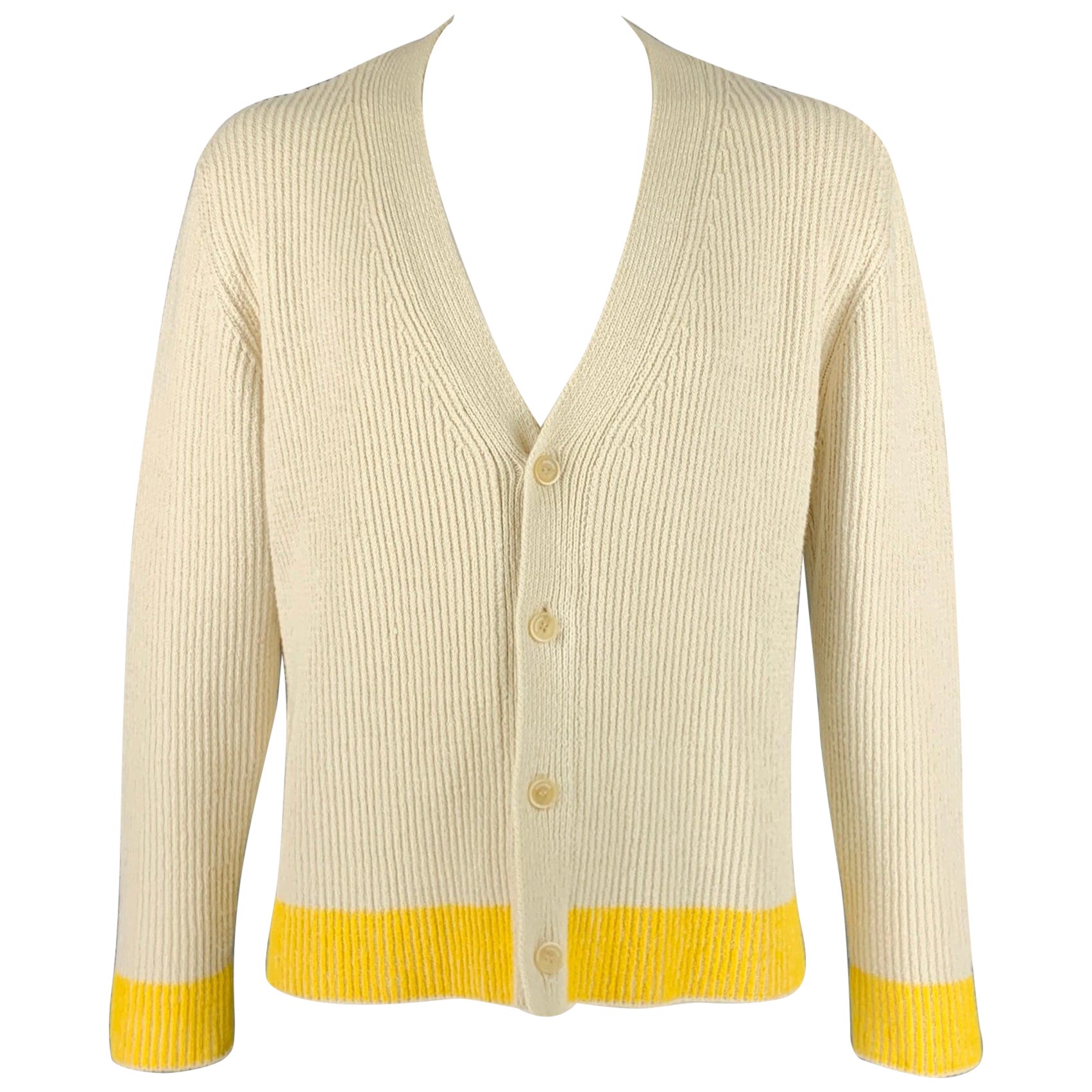 JACQUEMUS Size XL Cream Yellow Ribbed Cotton Blend Oversized Cardigan For Sale