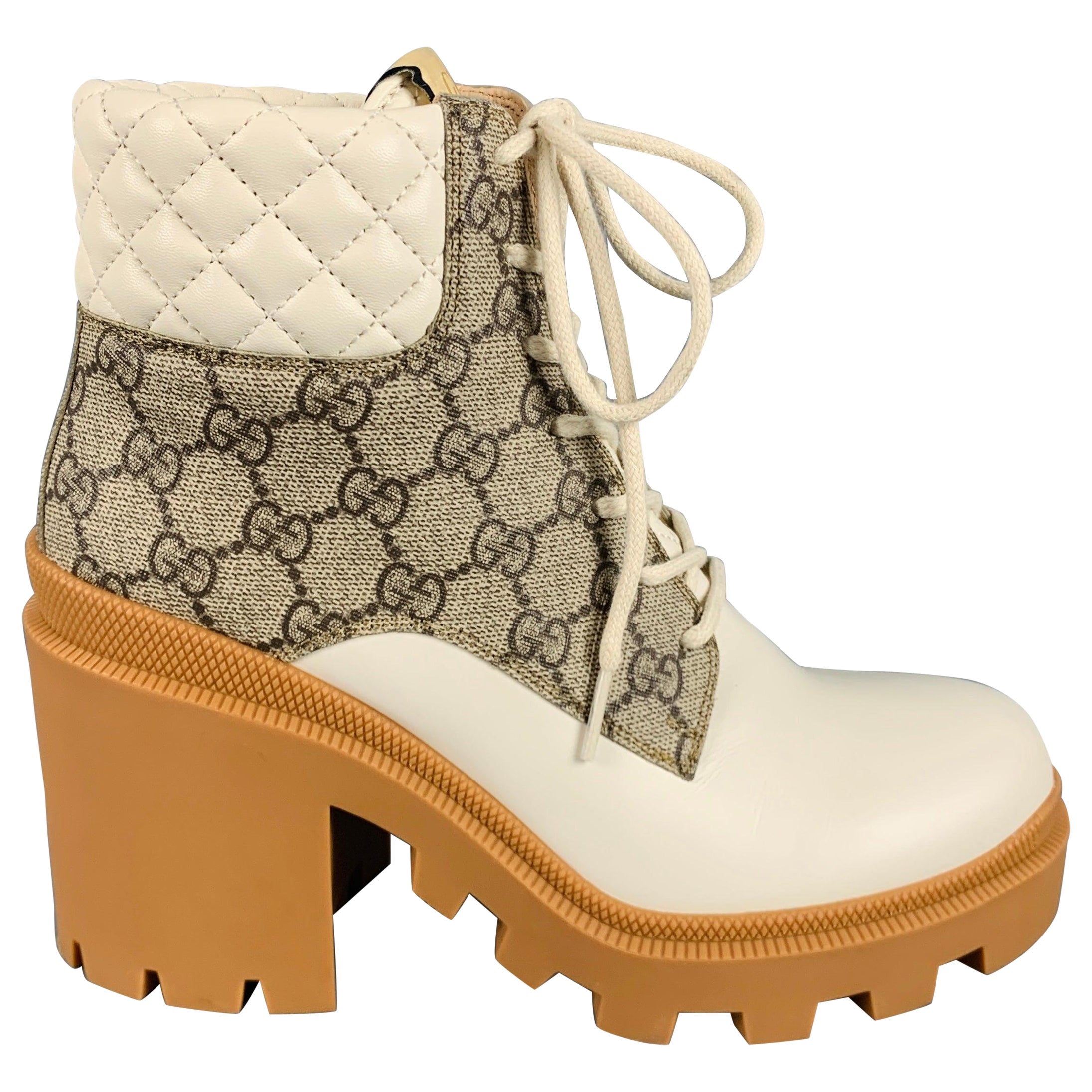 GUCCI Size 8 Cream Brown Leather Monogram Chunky Heel Boots For Sale
