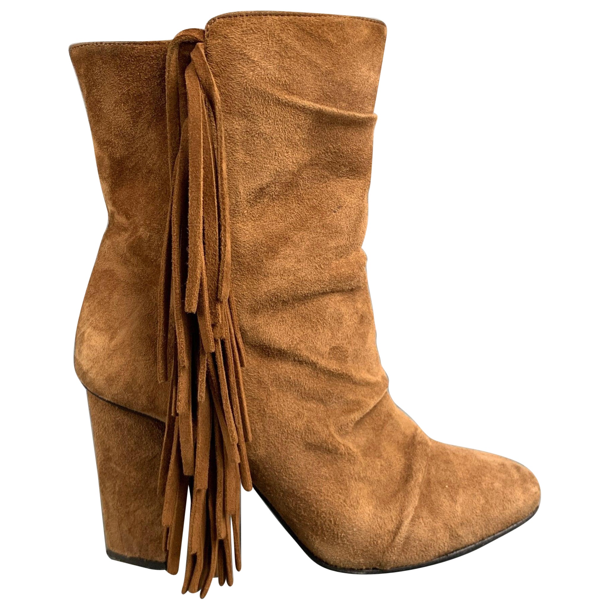 GIUSEPPE ZANOTTI Size 7.5 Brown Suede Fringe Chunky heel Boots For Sale
