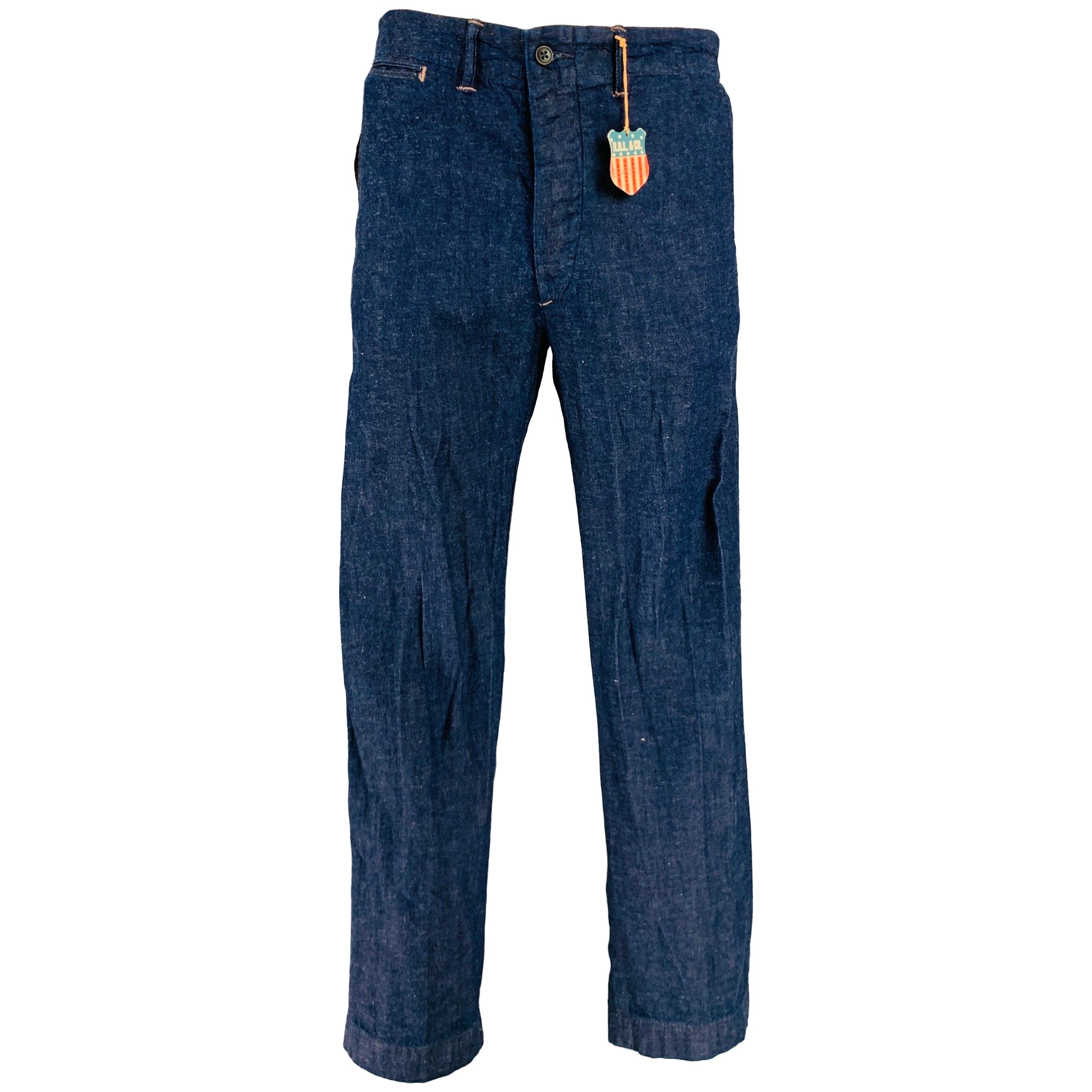 RRL by RALPH LAUREN Size 36 Indigo Cotton Linen Button Fly Casual Pants For Sale