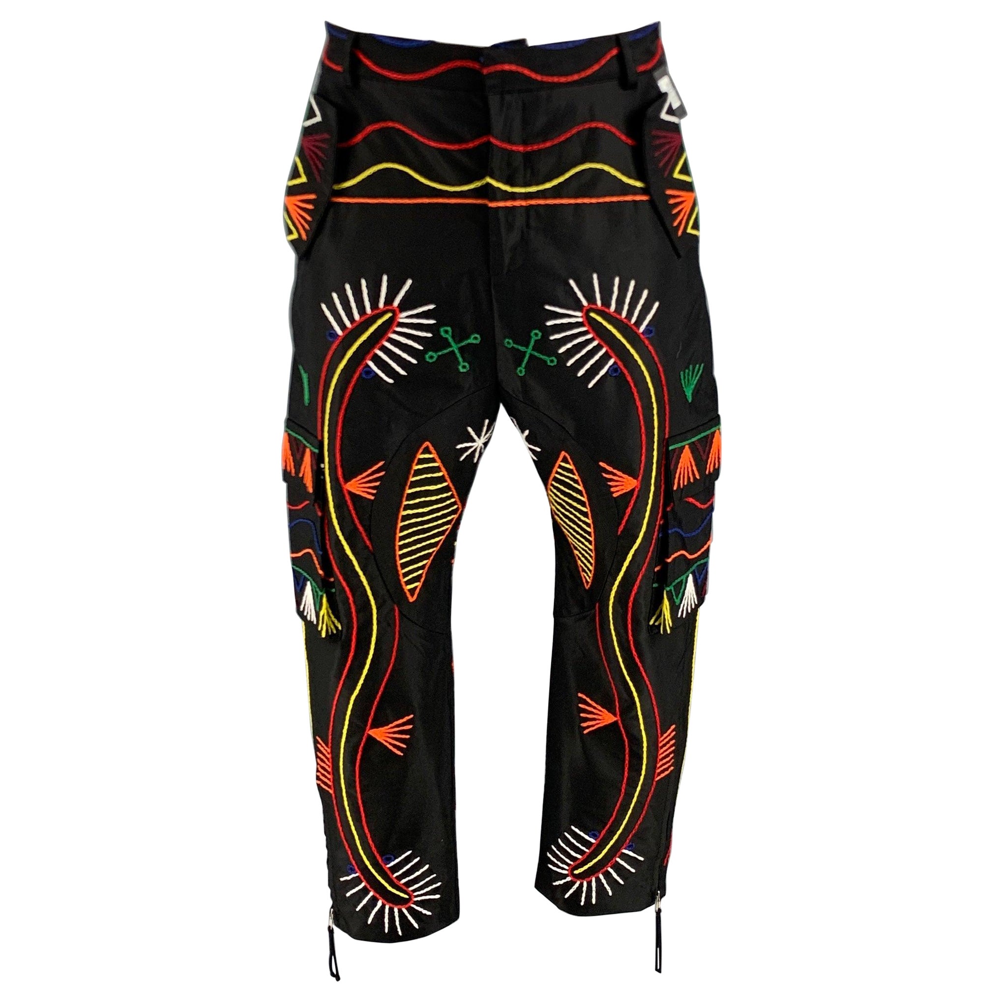 PRABAL GURUNG Size 34 Black Multi-Color Embroidery Cropped Casual Pants For Sale