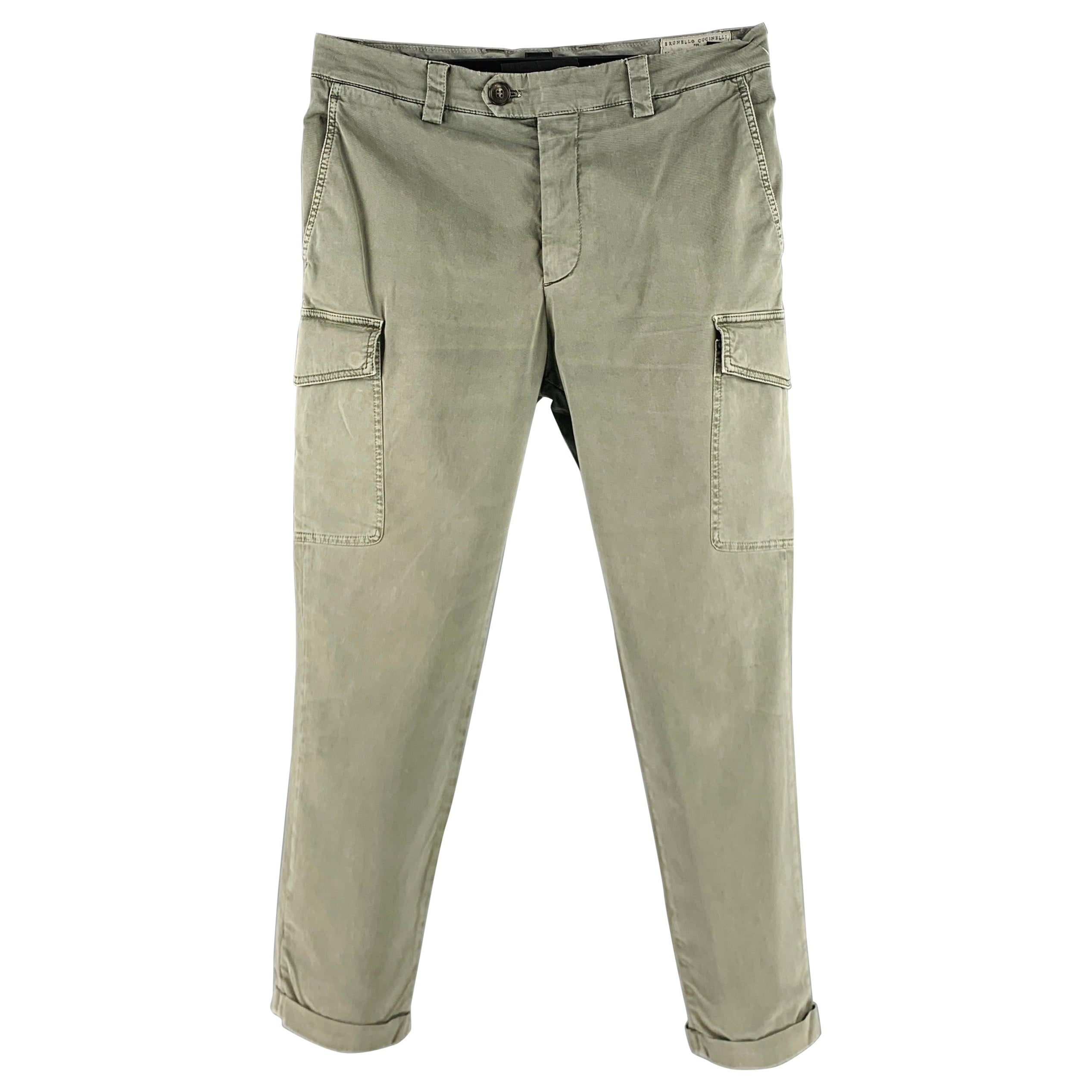 BRUNELLO CUCINELLI Size 30 Khaki Cotton Elastane Cargo Casual Pants For Sale