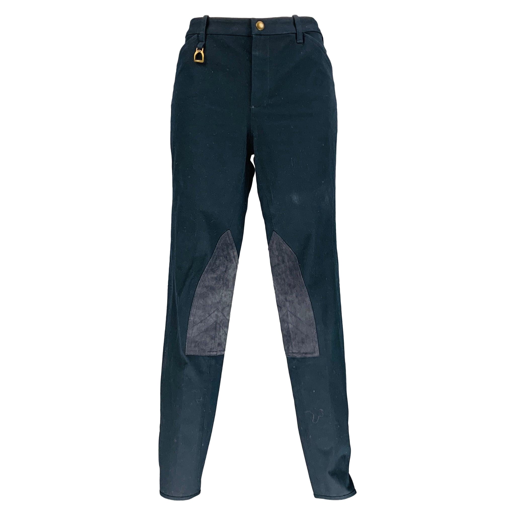 RALPH LAUREN Size 8 Navy Cotton Elastane Patchwork Suede Casual Pants For Sale
