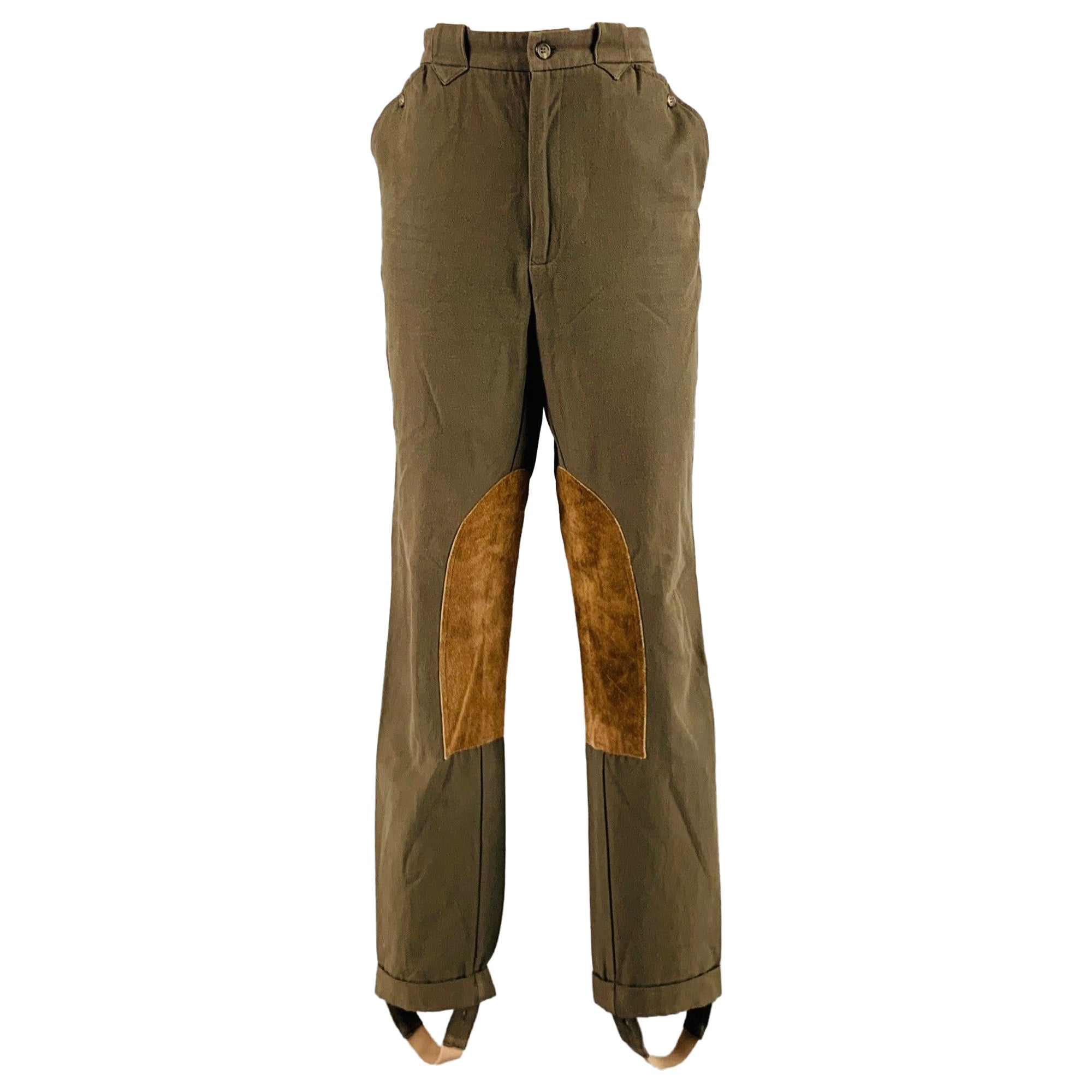 RALPH LAUREN Size 10 Green Olive Cotton Patchwork Suede Jodhpurs Casual Pants For Sale