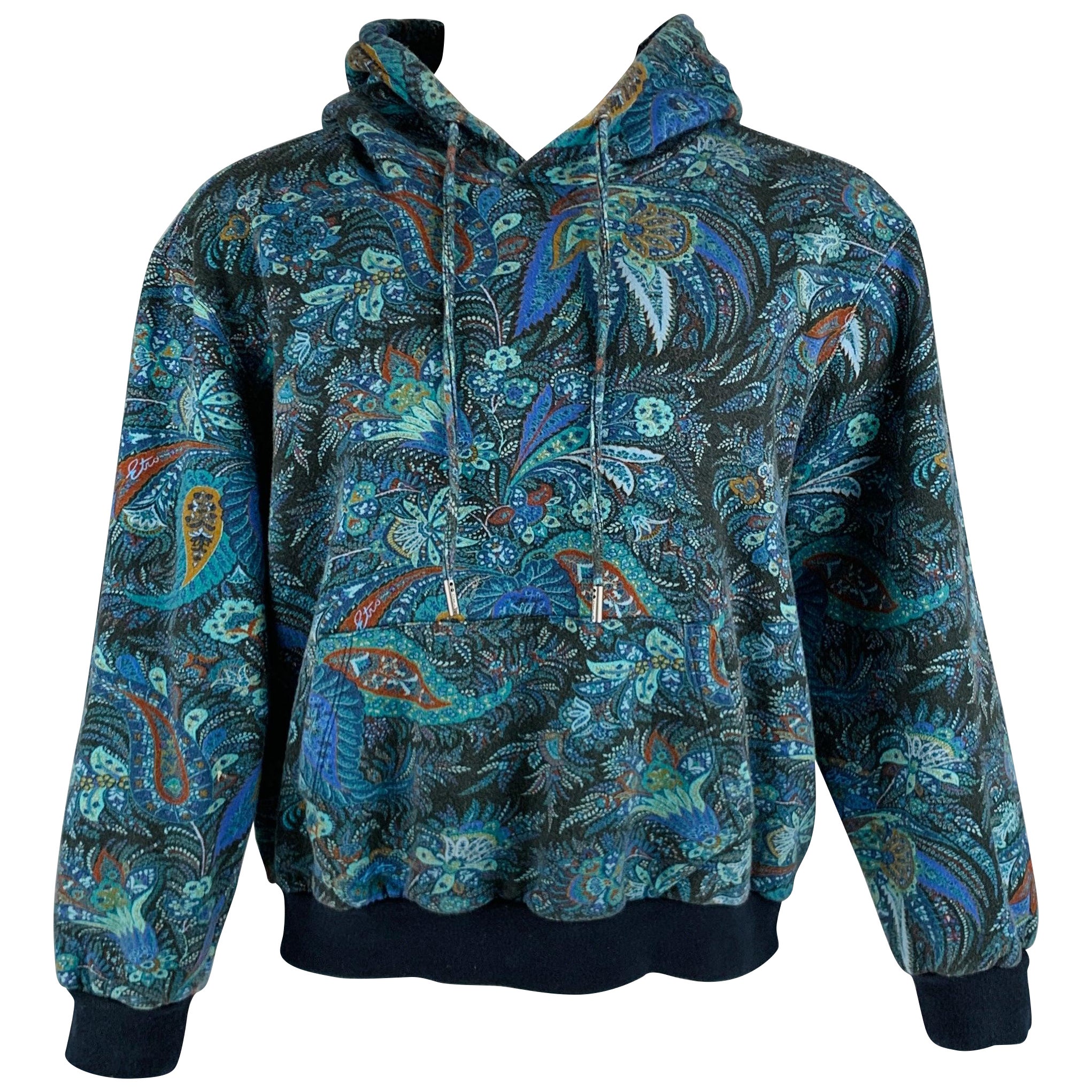 ETRO Size S Navy Black Paisley Cotton Hooded Sweatshirt For Sale