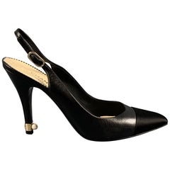 Used CHANEL Size 9 Black Leather Slingback Pumps