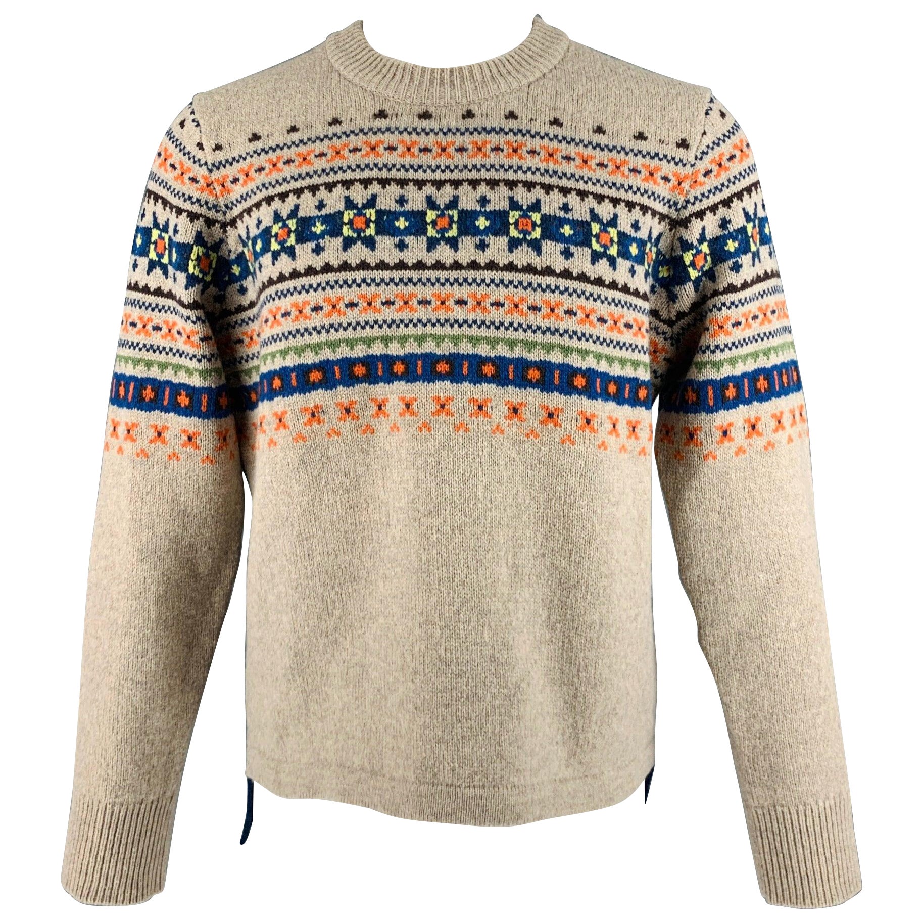JOSEPH Size M Grey Blue Fair Isle Wool Crew-Neck Sweater For Sale