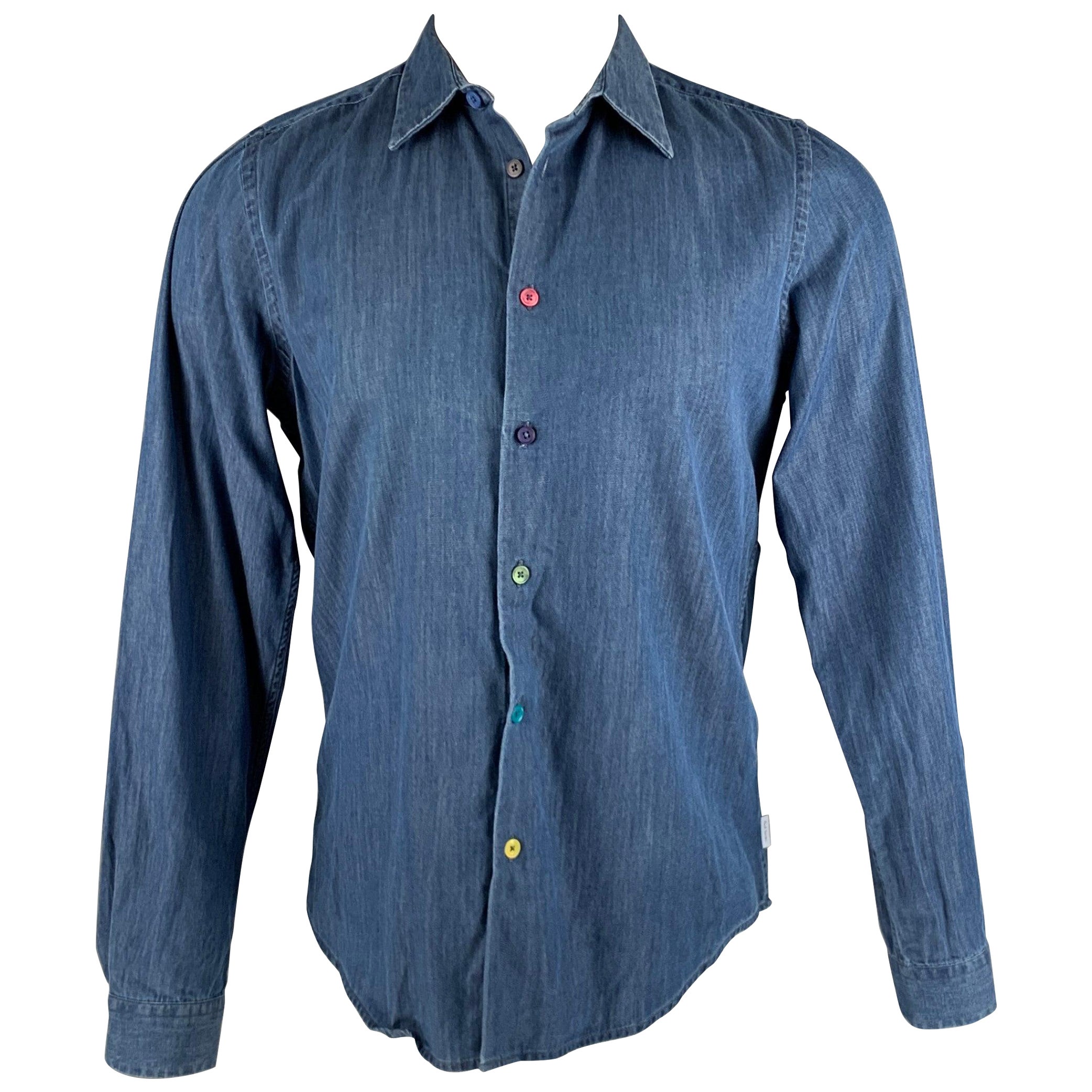 PAUL SMITH Size S Blue Cotton Tailored Fit Long Sleeve Shirt For Sale