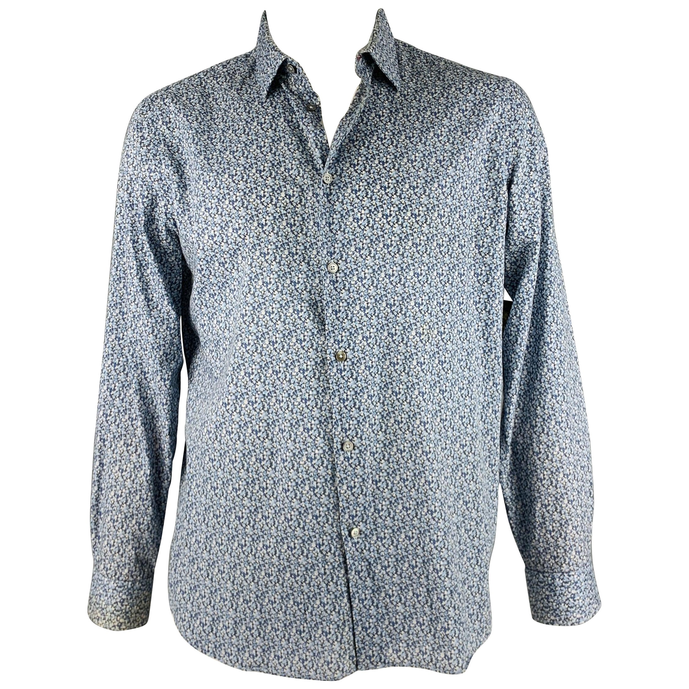 PAUL SMITH Size XL Blue Abstract Print Cotton Button Up Long Sleeve Shirt For Sale