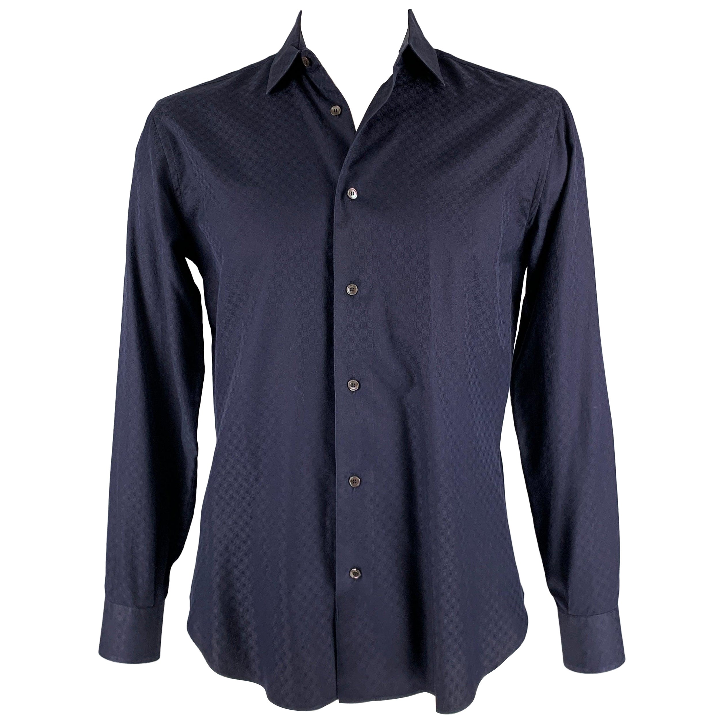 SALVATORE FERRAGAMO Größe L Marineblaues langärmeliges Hemd aus Baumwolle mit Knopfleiste und Knopfleiste im Angebot