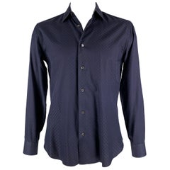 SALVATORE FERRAGAMO Size L Navy Dots Cotton Button Up Long Sleeve Shirt