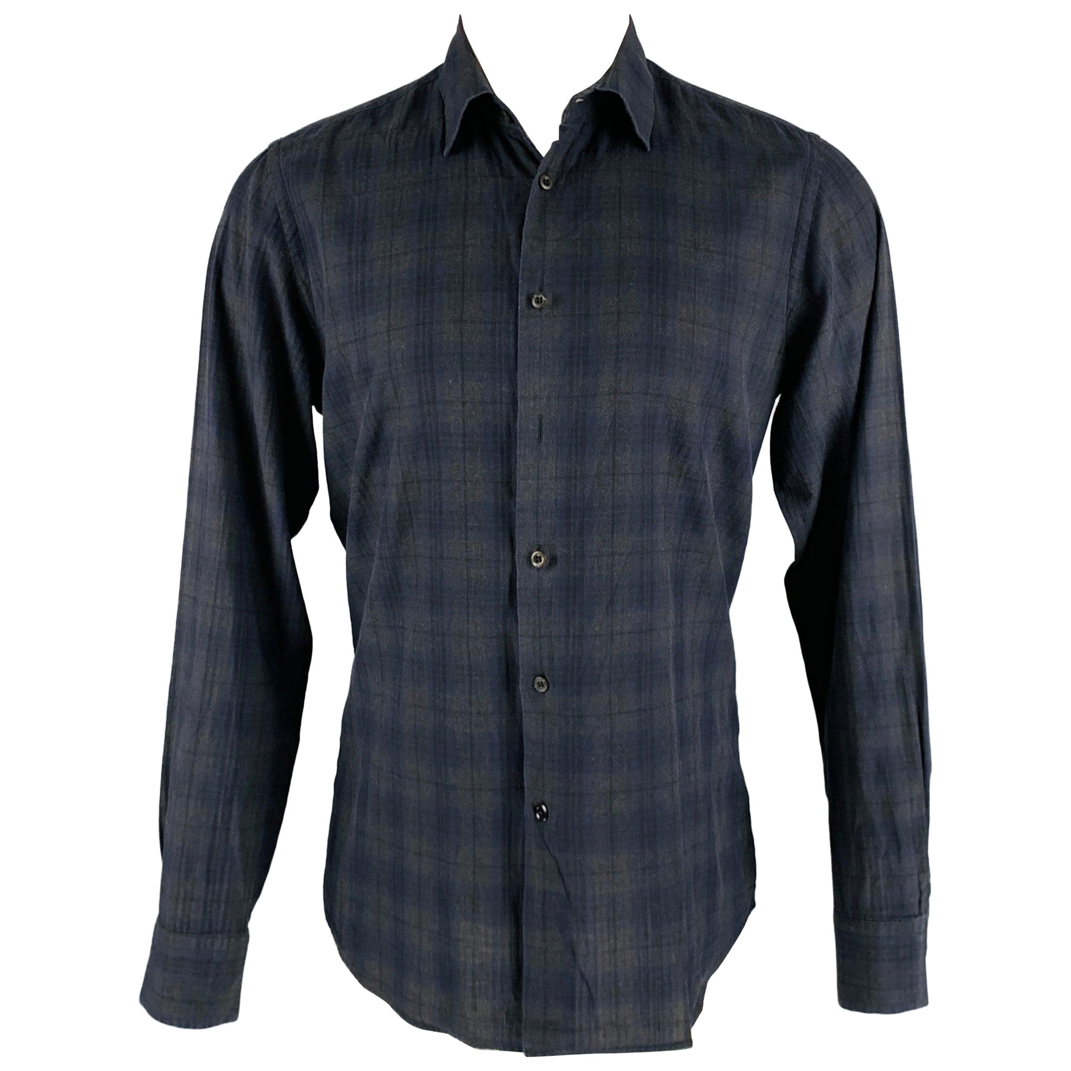 PRADA Size M Charcoal Navy Plaid Cotton Button Up Long Sleeve Shirt For Sale