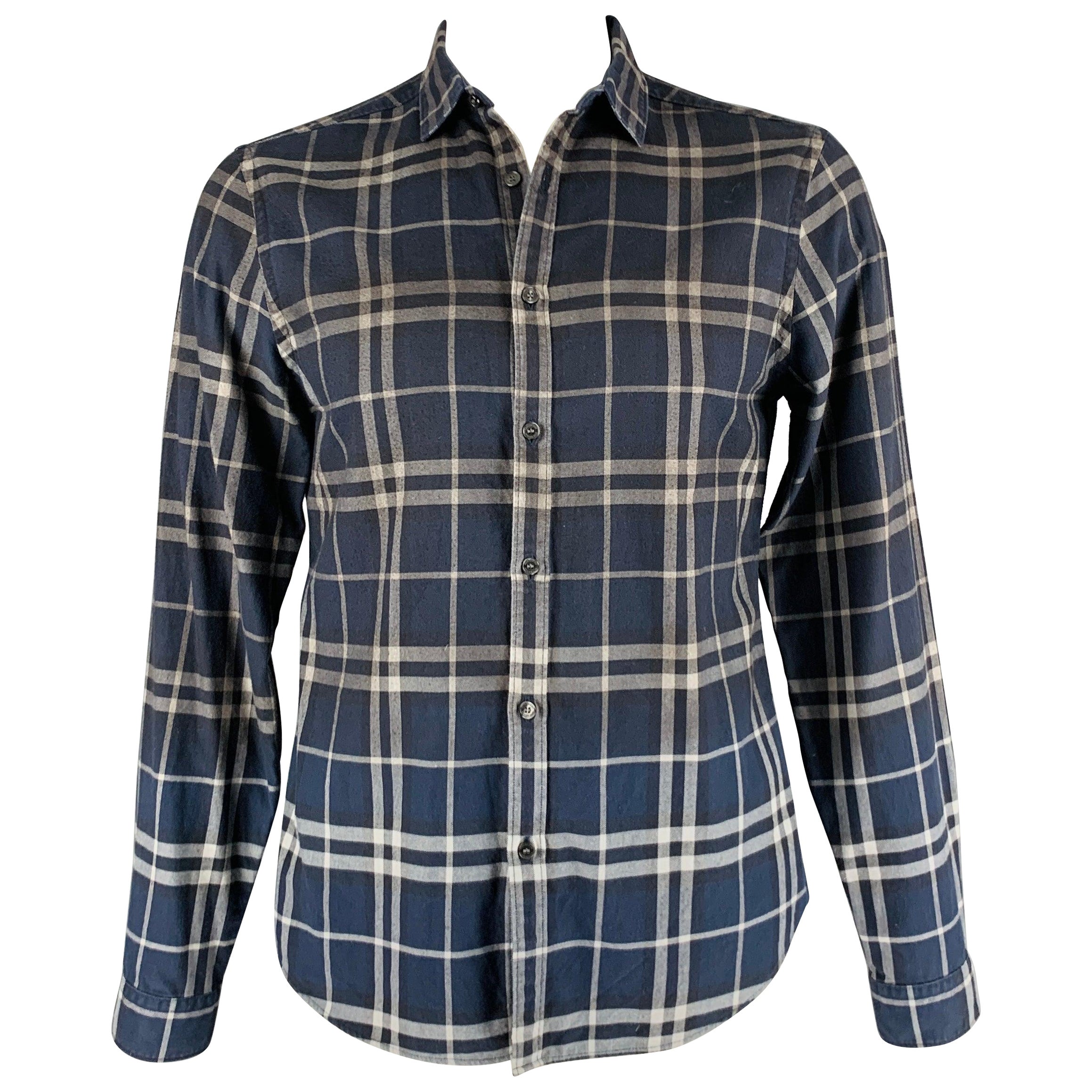 BURBERRY Size L Navy Grey Plaid Cotton Button Up Long Sleeve Shirt For Sale