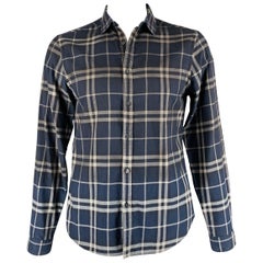 BURBERRY, chemise à manches longues boutonnée en coton à carreaux gris marine, taille L