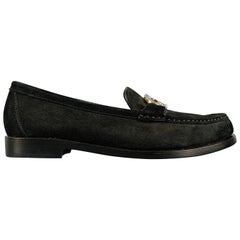 Used SALVATORE FERRAGAMO Size 6.5 Black Silver Gold Suede Loafer Flats