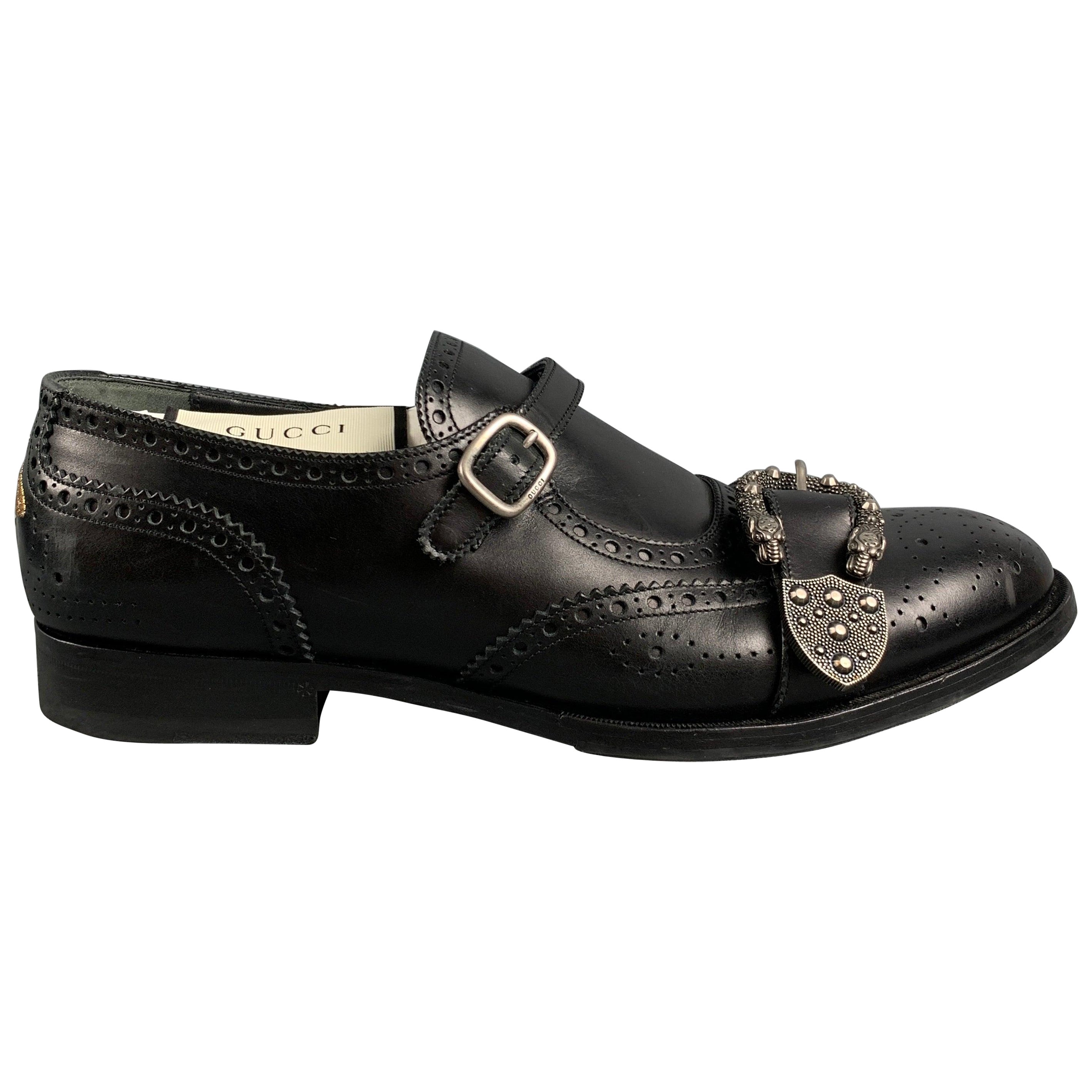 Gucci Size 11.5 Black Wingtip Leather Double Monk Strap Loafers en vente