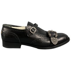 Used GUCCI Size 11.5 Black Wingtip Leather Double Monk Strap Loafers