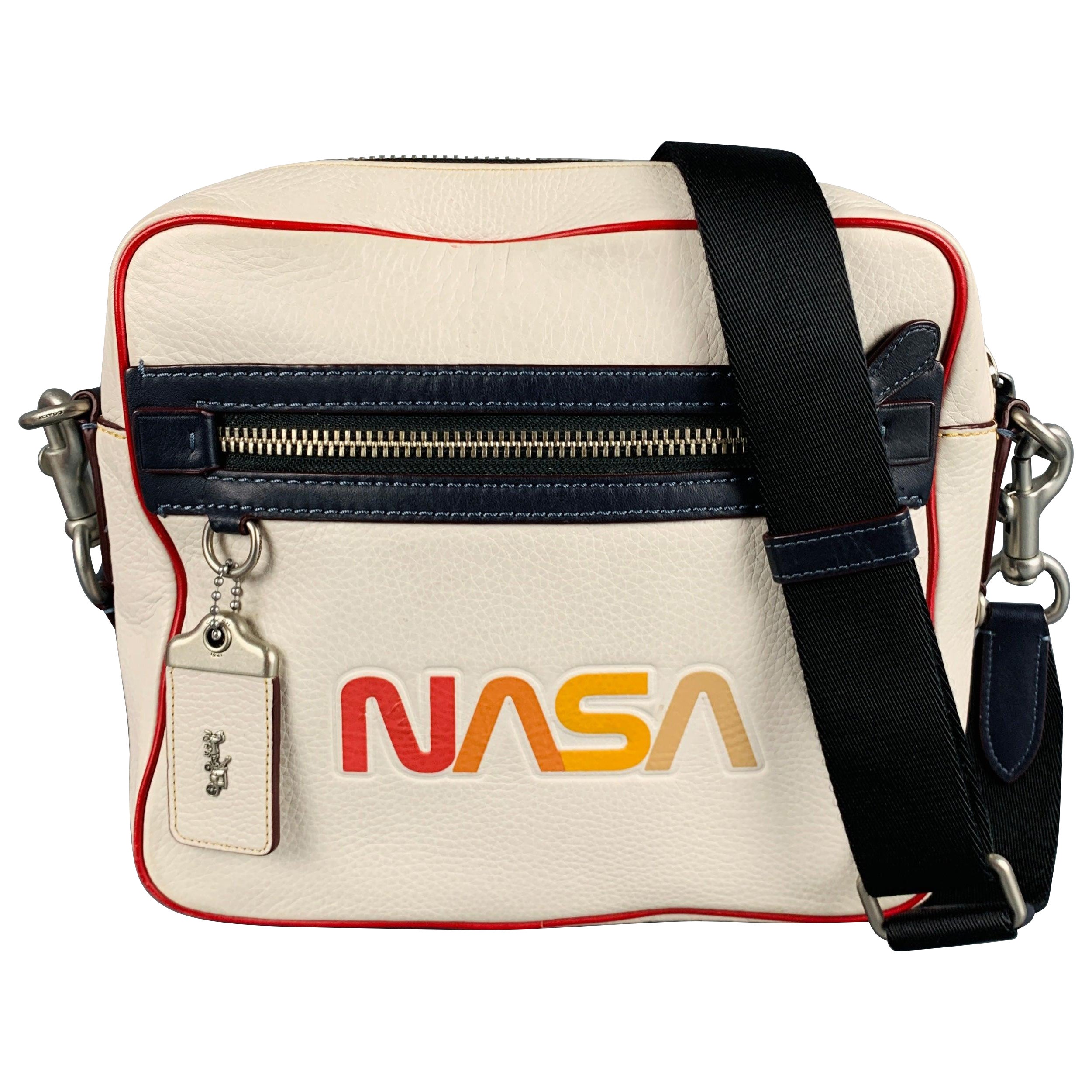 COACH x NASA White Multi Color Logo Pebble Grain Leather Bag For Sale