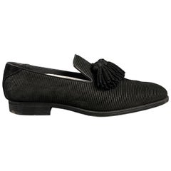 Used JIMMY CHOO Size 10.5 Black Stripe Suede Tassels Loafers