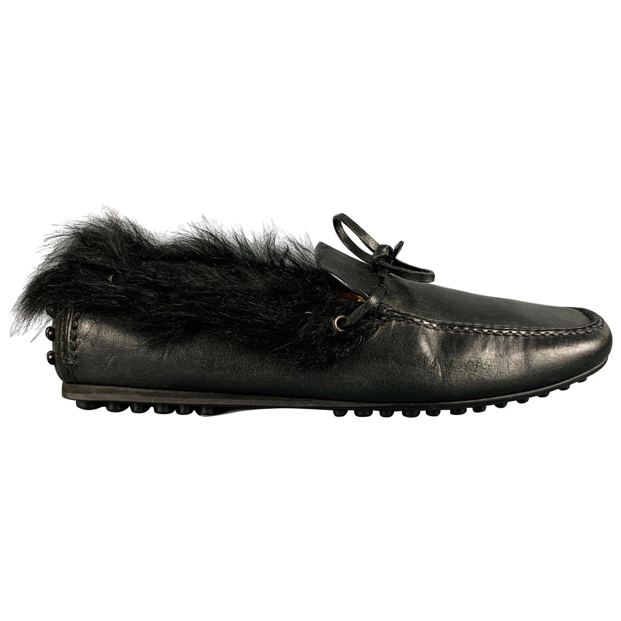 CAR SHOE Size 8 Black Leather Fur Trim Drivers Loafers For Sale