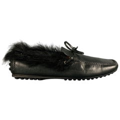 Used CAR SHOE Size 8 Black Leather Fur Trim Drivers Loafers