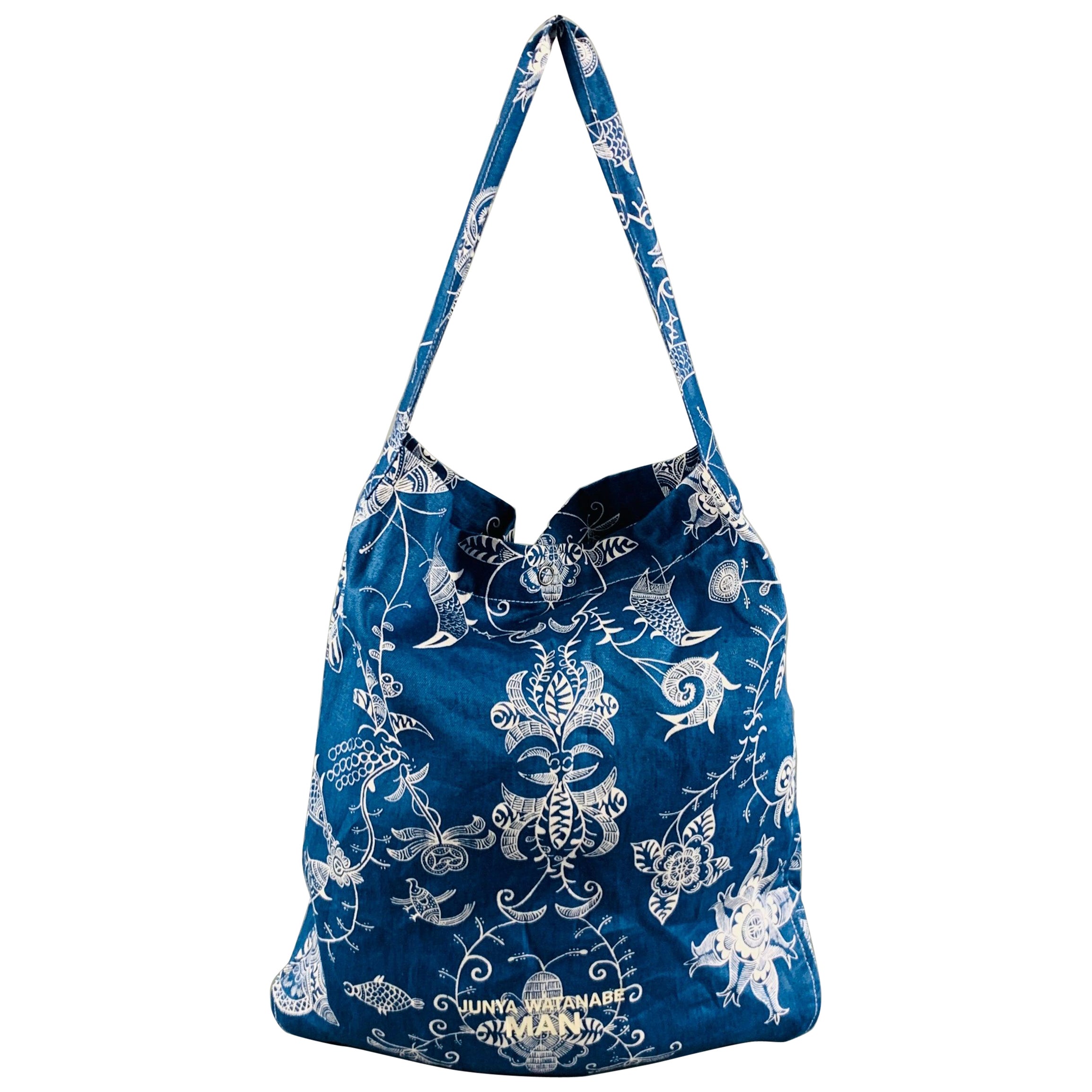 JUNYA WATANABE Blue White Abstract Floral Linen Tote Bag For Sale