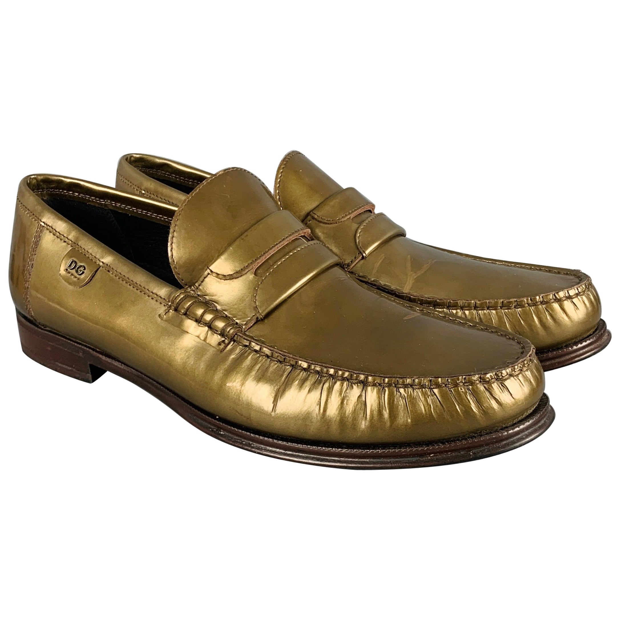 DOLCE & GABBANA Size 8 Green Patent Leather Penny Loafers For Sale