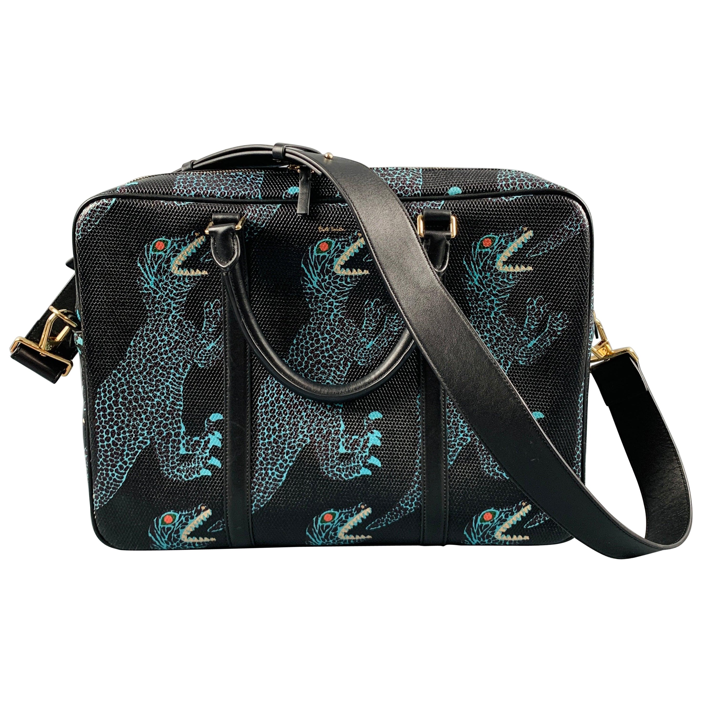 PAUL SMITH Black Blue Dino Print Coated Canvas Laptop Bag For Sale