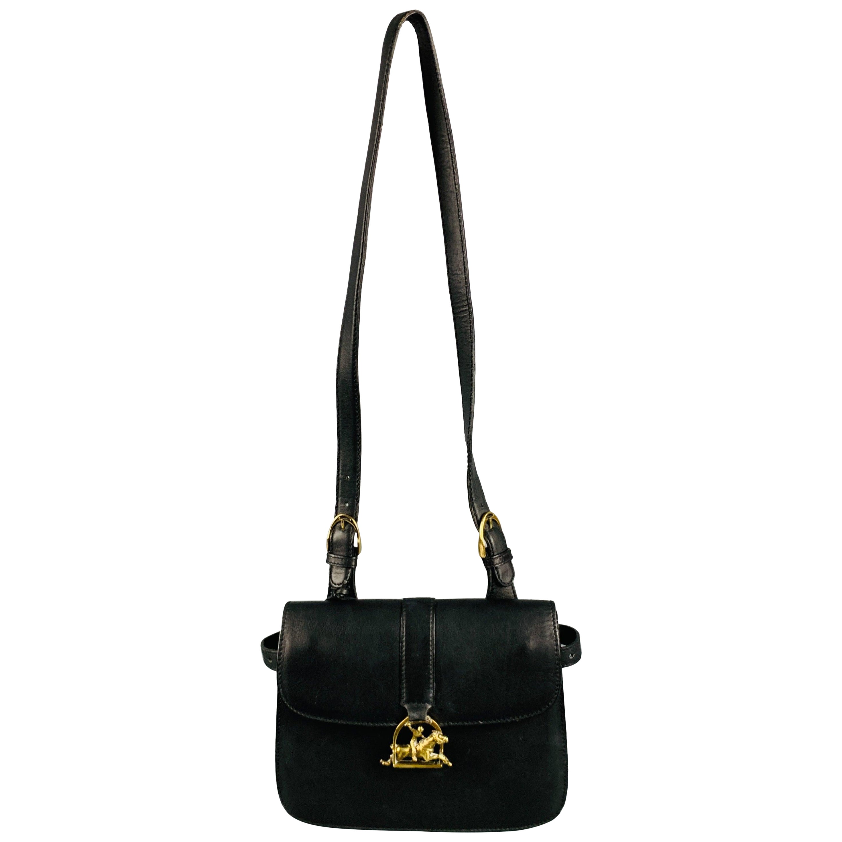 RALPH LAUREN Black Equestrian Leather Shoulder Bag Handbag en vente