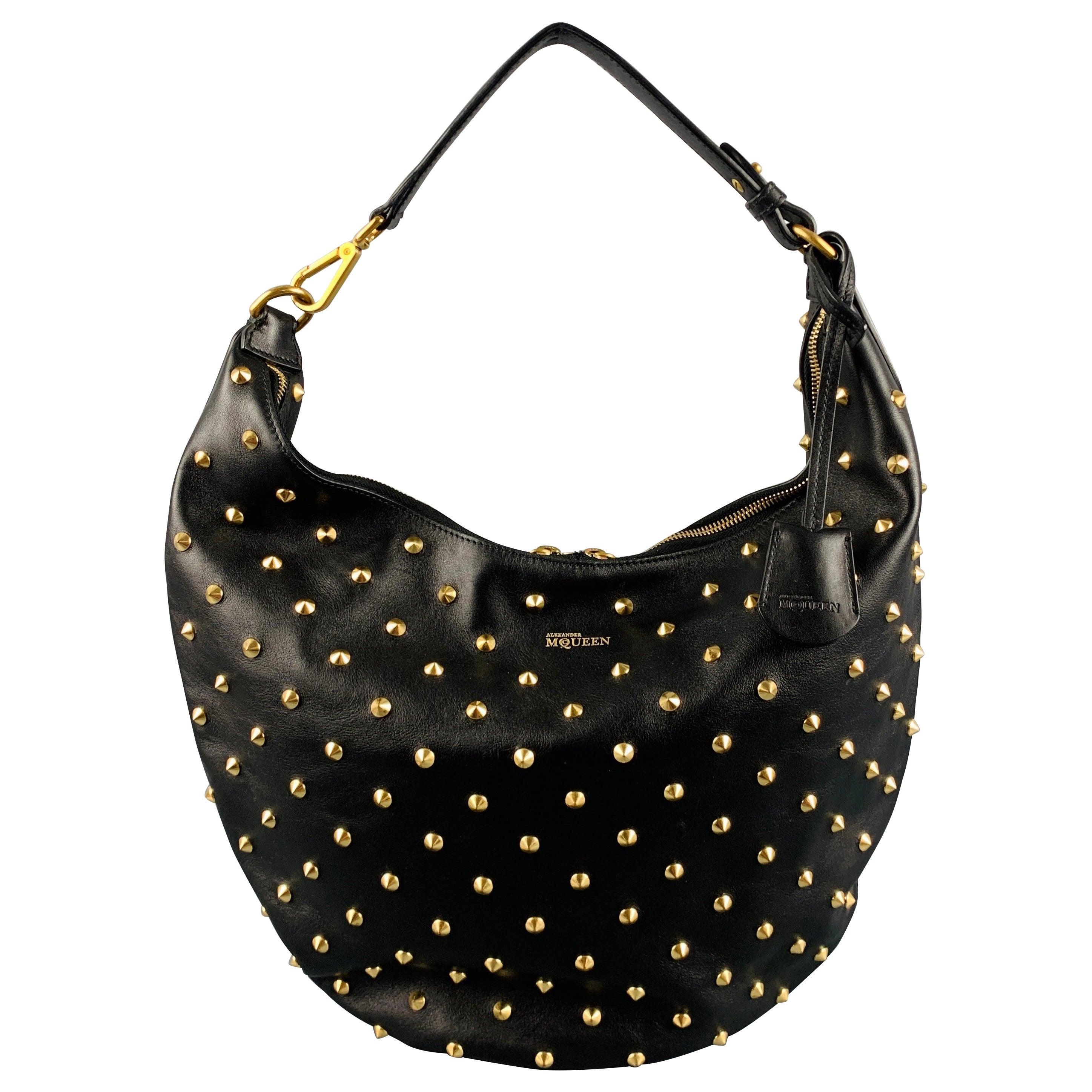 ALEXANDER MCQUEEN Black Gold Studded Leather Hobo Handbag For Sale