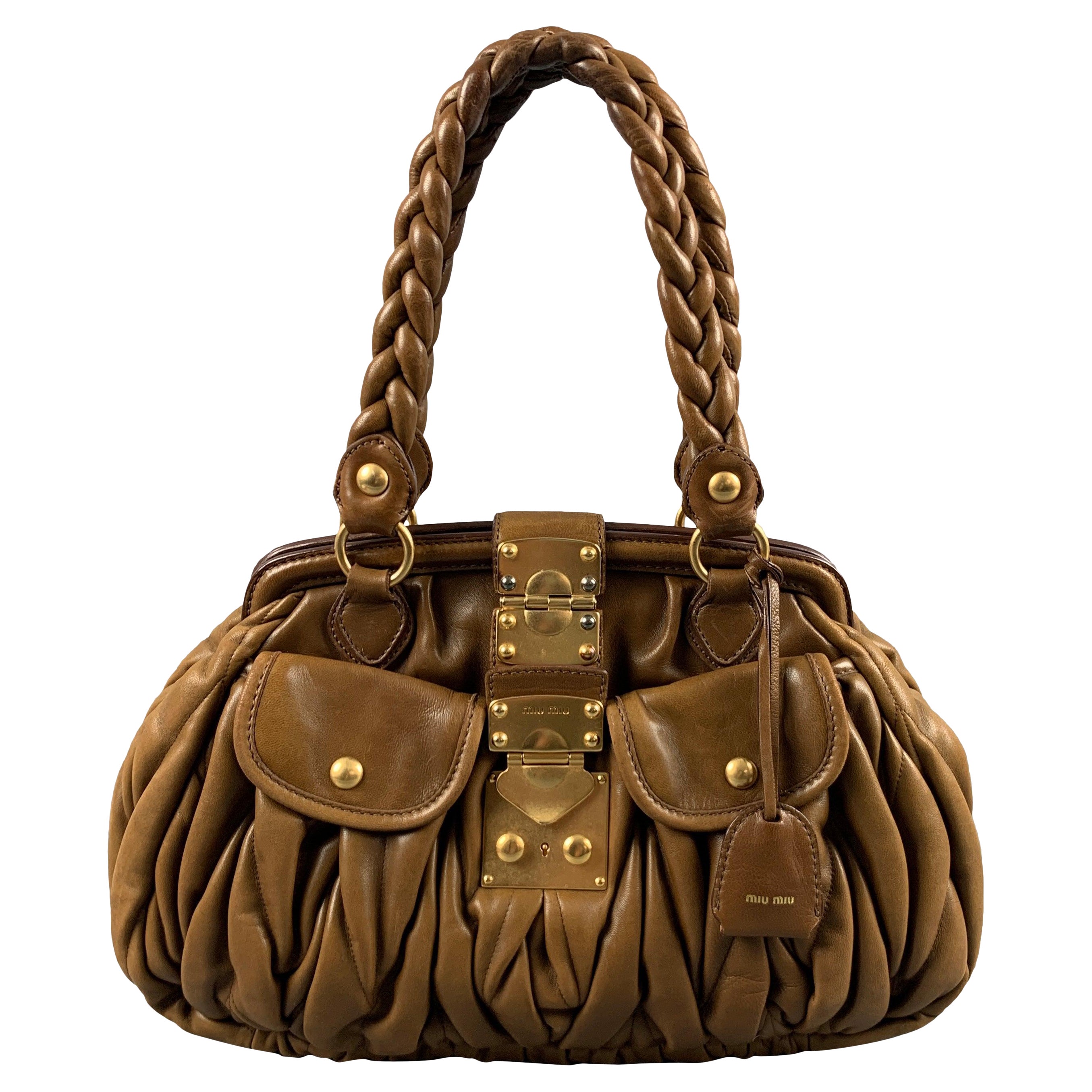 MIU MIU Brown Ruched Leather Top Handles Handbag For Sale