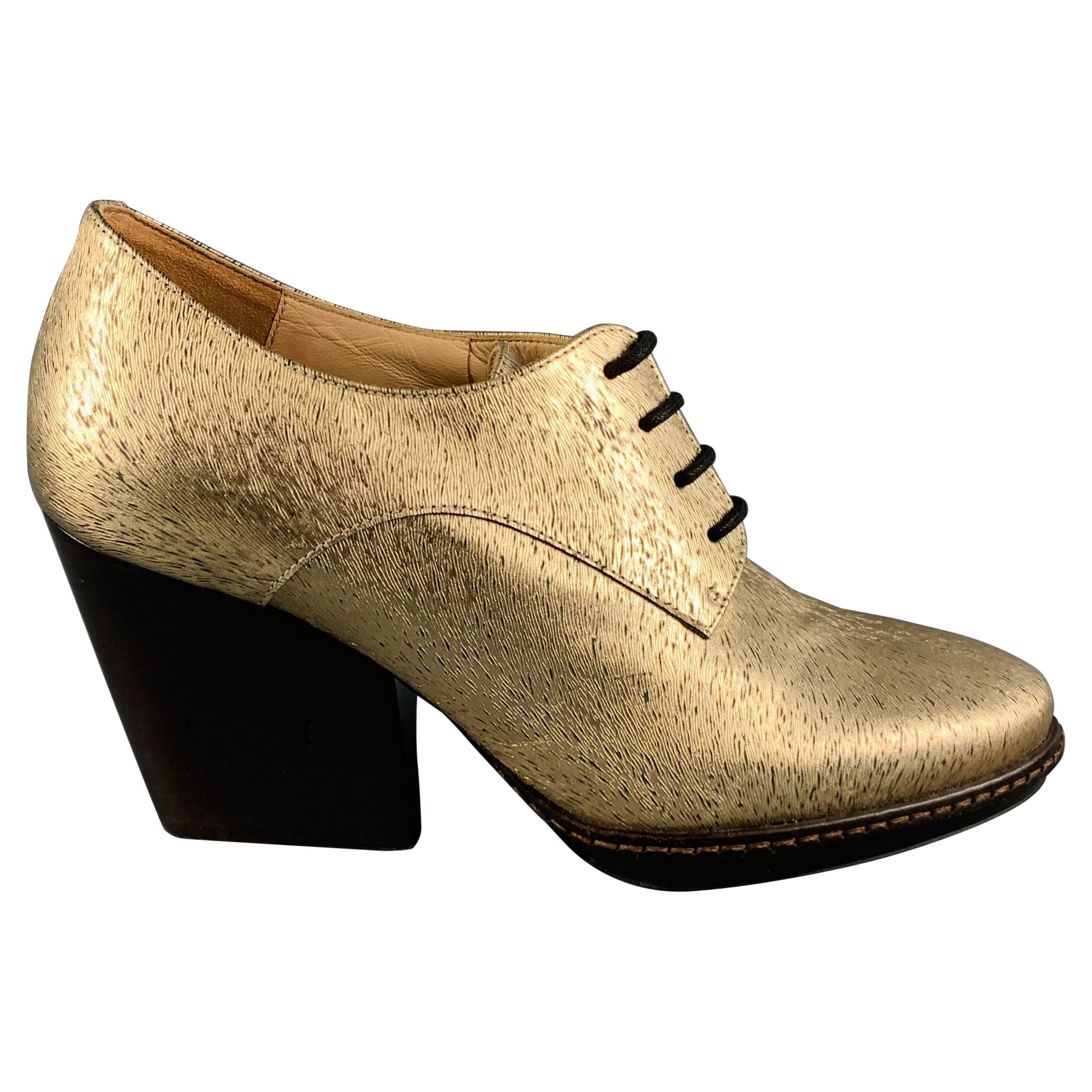 DRIES VAN NOTEN Size 7.5 Gold Brown Fabric Textured Chunky Heel Booties For Sale